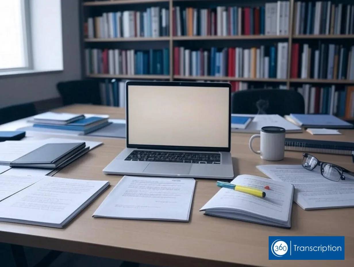 laptop on desk with documents, Legal Transcription, Medico-Legal Transcription, Medical Transcription Company, Medical Transcription Service, Business Transcription, Market Research Transcription